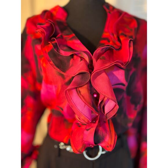 ANN KLEIN Red Floral Print Button
Down Blouse with Ruffles - Picture 2 of 8